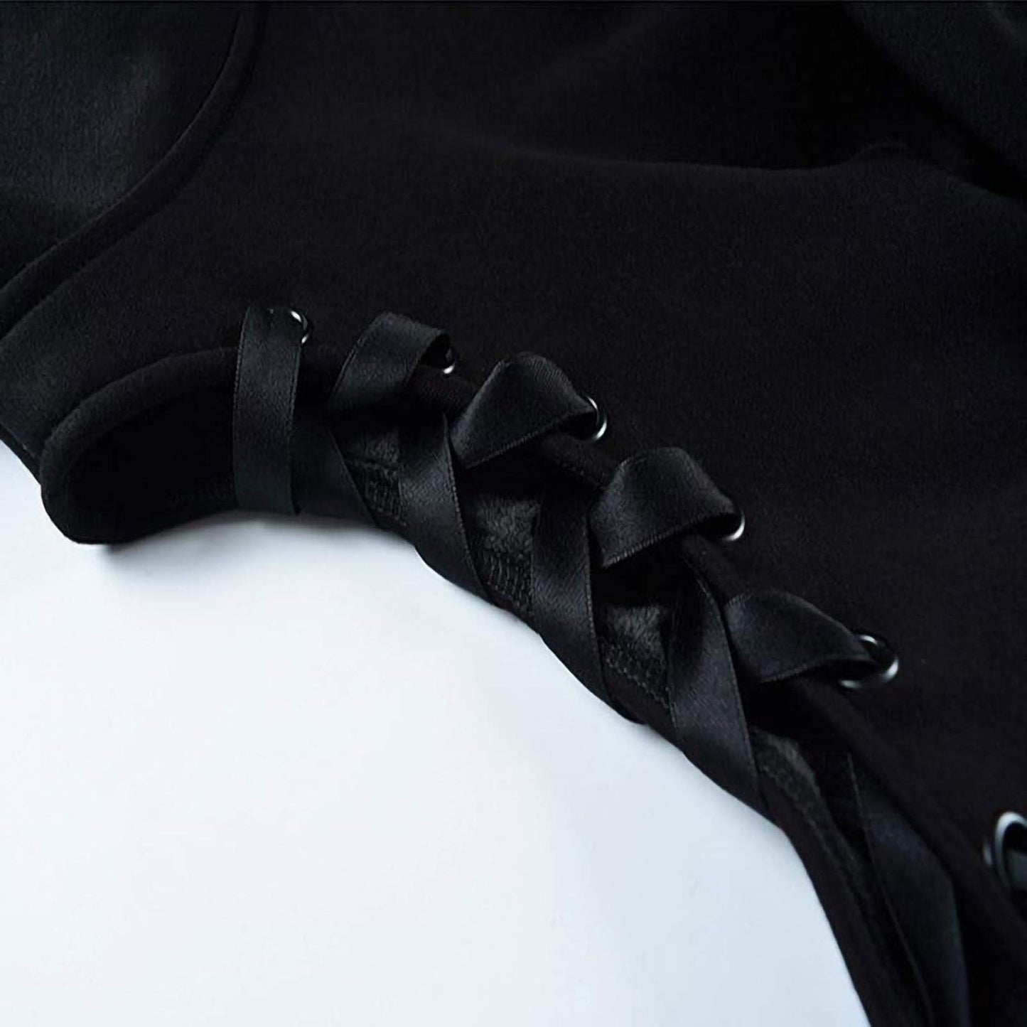 Women's Y2K Long Sleeve Cat Ear Crop Top with Gothic Cold Shoulder and Lace-Up Accents