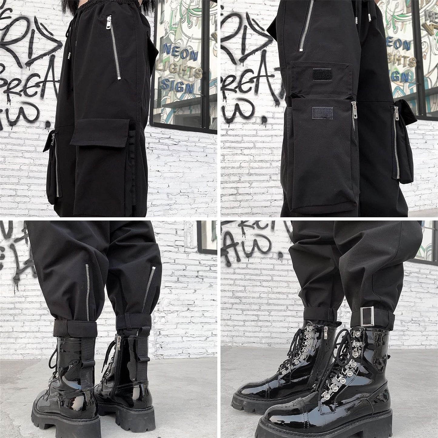 Black Cargo Pants Women Loose Chained Multi-Pocket Multi-Zip Punk Goth Pants