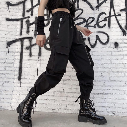 Black Cargo Pants Women Loose Chained Multi-Pocket Multi-Zip Punk Goth Pants