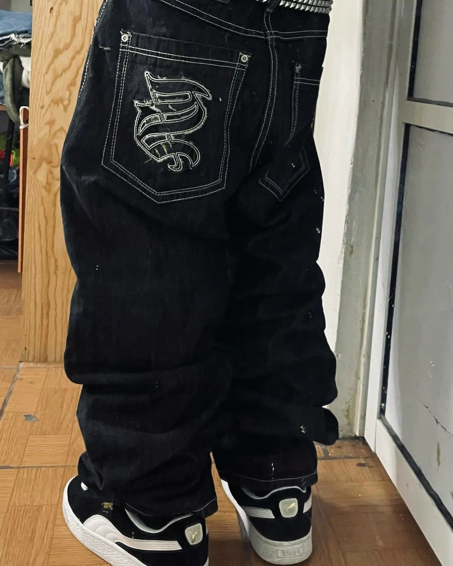 Men's Vintage High-Waisted Blue Baggy Jeans with Wide Leg and Harajuku-Inspired Embroidery