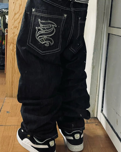 Men's Vintage High-Waisted Blue Baggy Jeans with Wide Leg and Harajuku-Inspired Embroidery