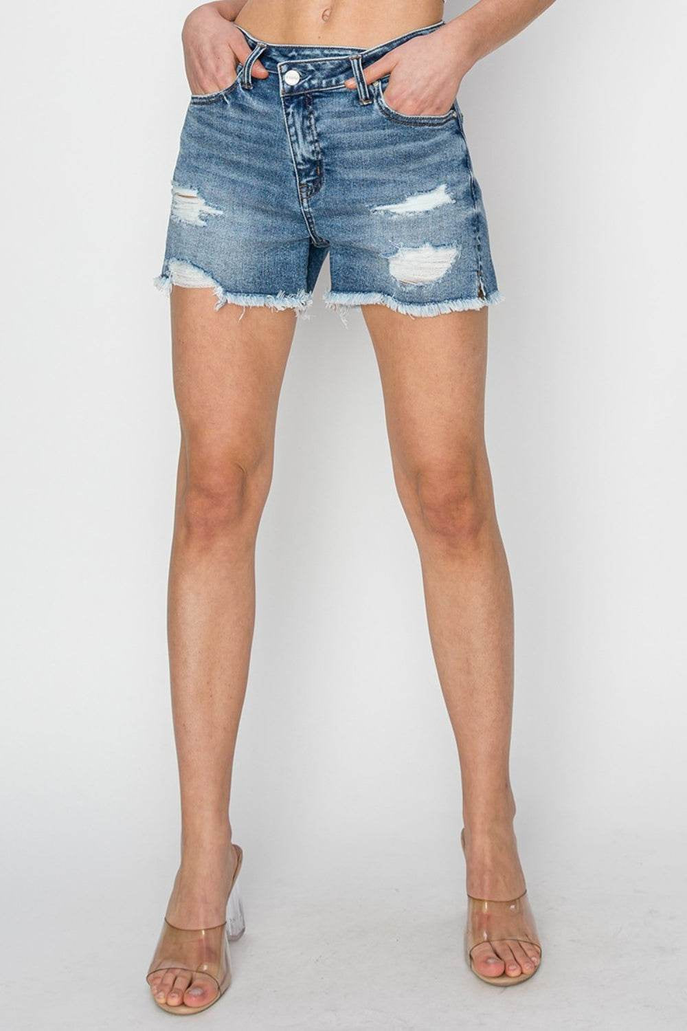 RISEN Distressed Denim Shorts Featuring Stepped Waist Design