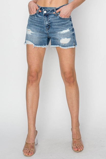 RISEN Distressed Denim Shorts Featuring Stepped Waist Design