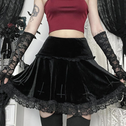 Women's High-Waisted Velvet Mini Skirt - Gothic Punk Grunge Aesthetic for Alternative Fashion
