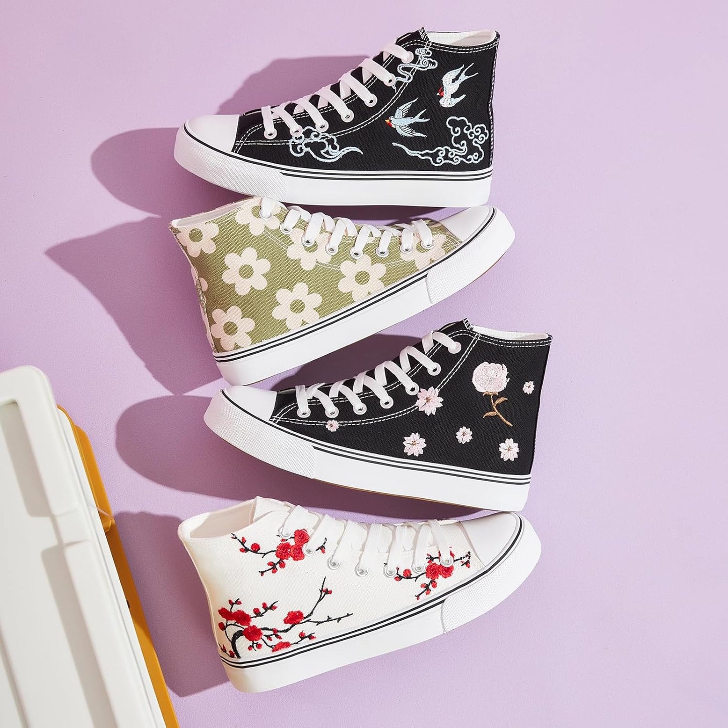 Women's Lace-Up High Top Canvas Sneakers - Casual Walking Shoes in White and Black