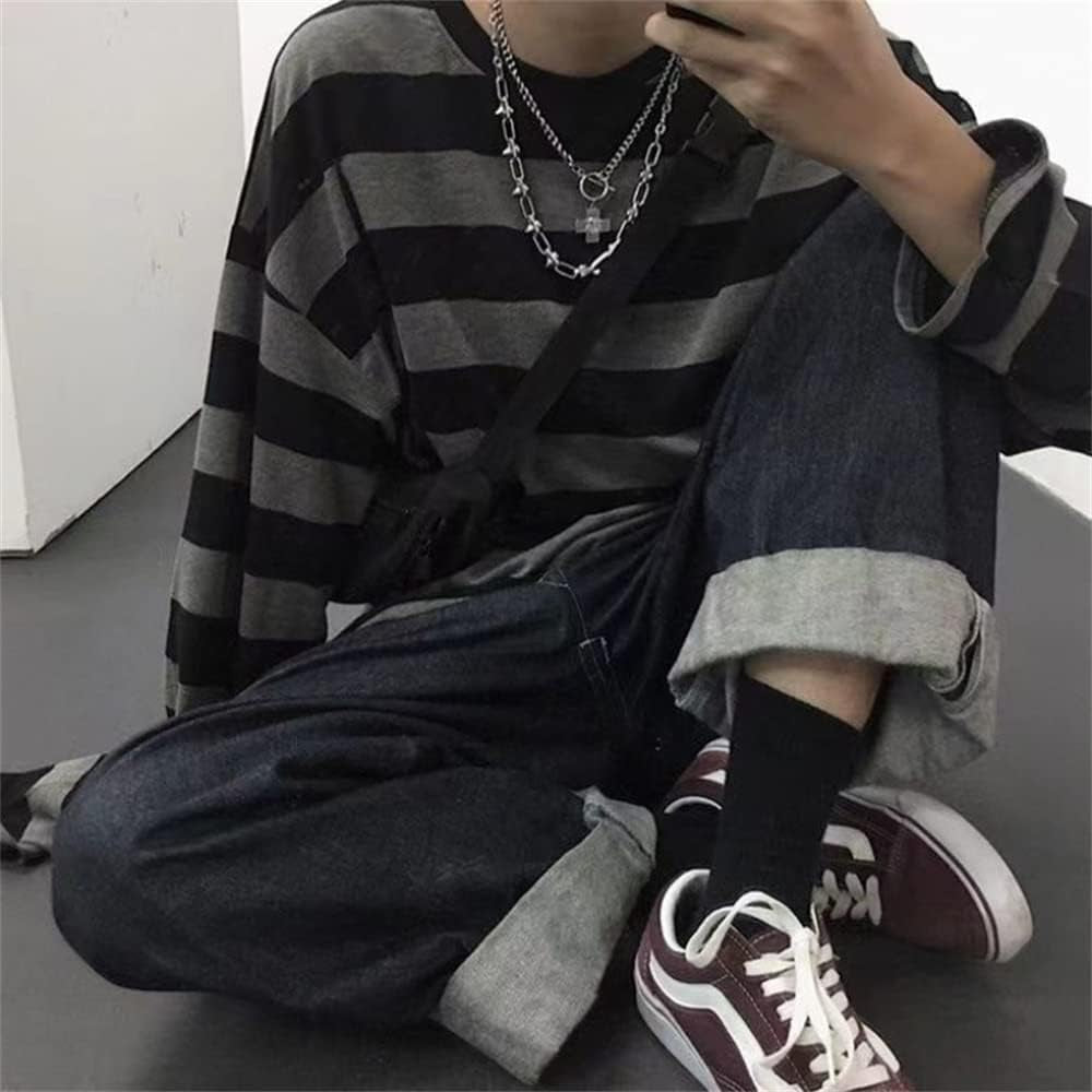 Men'S round Neck Striped Long Sleeve T-Shirt Emo Punk American Harajuku Street Loose Bottoming Shirt Couple Outfit