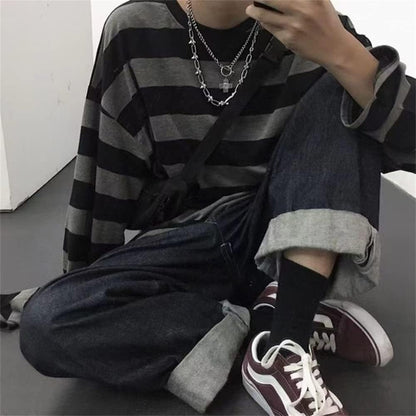 Men'S round Neck Striped Long Sleeve T-Shirt Emo Punk American Harajuku Street Loose Bottoming Shirt Couple Outfit