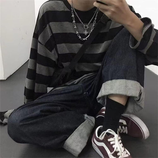 Men'S round Neck Striped Long Sleeve T-Shirt Emo Punk American Harajuku Street Loose Bottoming Shirt Couple Outfit