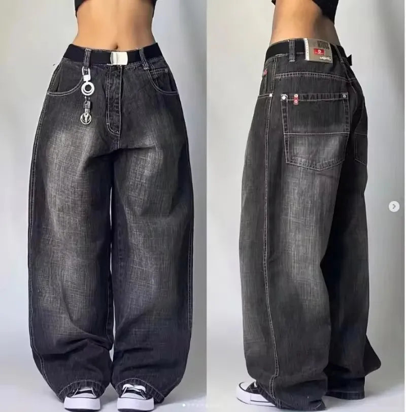 Men's Vintage High-Waisted Blue Baggy Jeans with Wide Leg and Harajuku-Inspired Embroidery