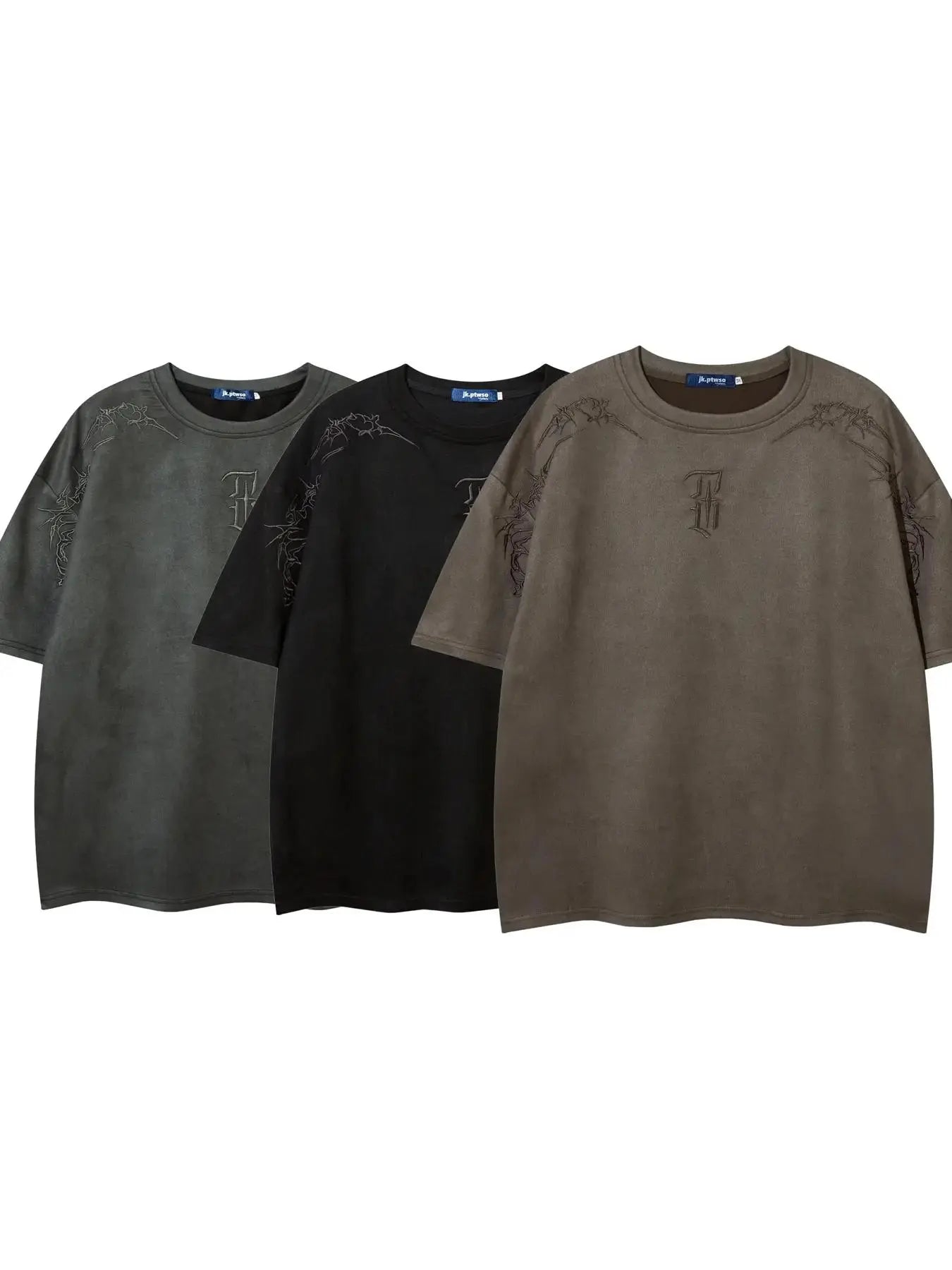 Men's Embroidered Suede Drop Shoulder T-Shirt - Soft and Comfortable Half Sleeve Round Neck Tee for Summer Streetwear and Everyday Use