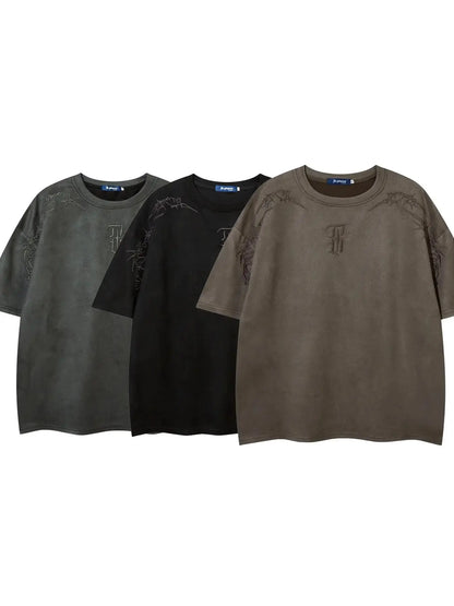 Men's Embroidered Suede Drop Shoulder T-Shirt - Soft and Comfortable Half Sleeve Round Neck Tee for Summer Streetwear and Everyday Use