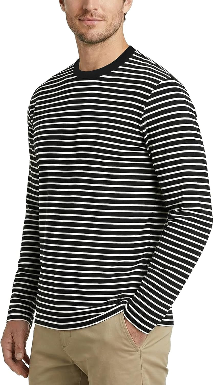 Men'S Casual Cotton Spandex Striped Crewneck Long-Sleeve T-Shirt Basic Pullover Stripe Tee Shirt