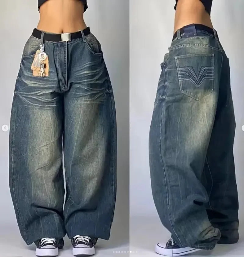 Men's Vintage High-Waisted Blue Baggy Jeans with Wide Leg and Harajuku-Inspired Embroidery