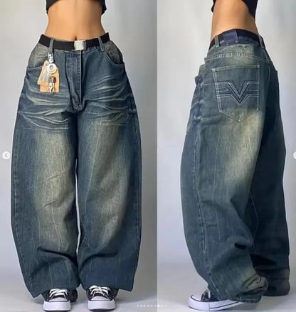 Men's Vintage High-Waisted Blue Baggy Jeans with Wide Leg and Harajuku-Inspired Embroidery