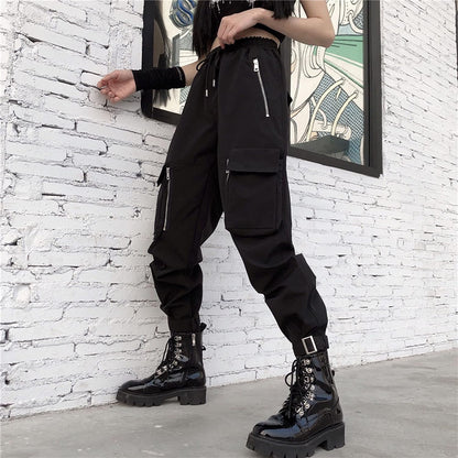 Black Cargo Pants Women Loose Chained Multi-Pocket Multi-Zip Punk Goth Pants