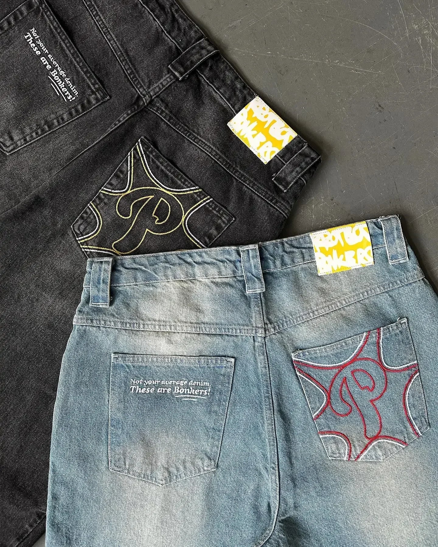 Men's Vintage High-Waisted Blue Baggy Jeans with Wide Leg and Harajuku-Inspired Embroidery