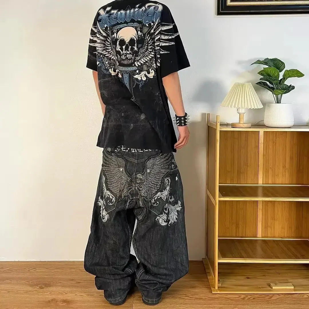 Men's Vintage High-Waisted Blue Baggy Jeans with Wide Leg and Harajuku-Inspired Embroidery
