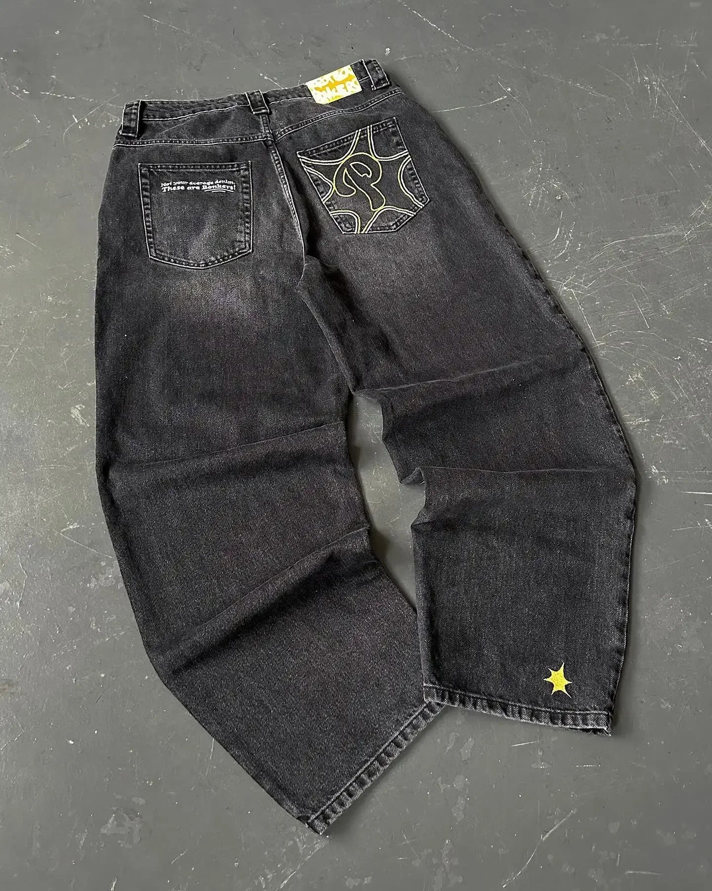 Men's Vintage High-Waisted Blue Baggy Jeans with Wide Leg and Harajuku-Inspired Embroidery