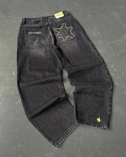 Men's Vintage High-Waisted Blue Baggy Jeans with Wide Leg and Harajuku-Inspired Embroidery
