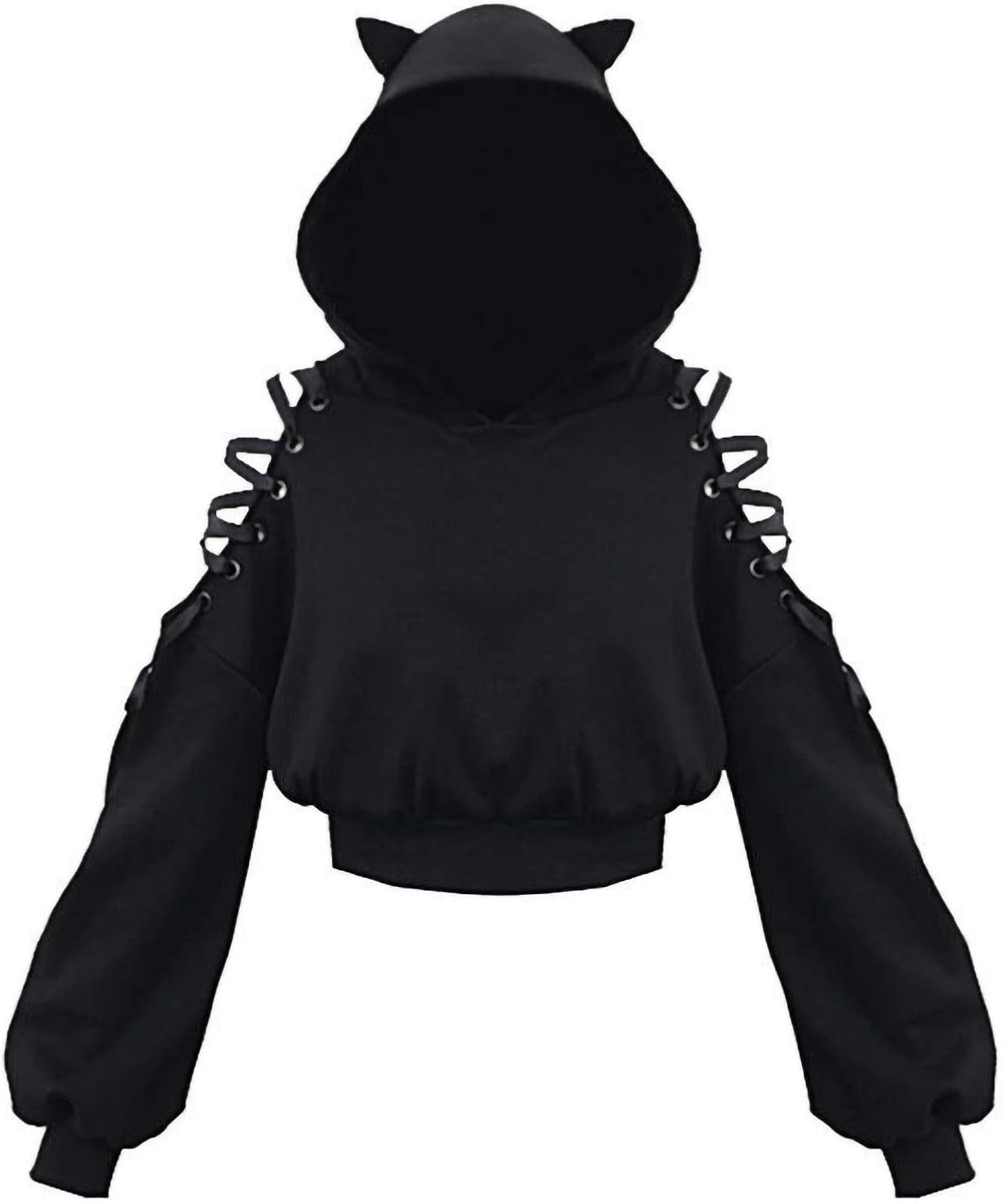 Women's Y2K Long Sleeve Cat Ear Crop Top with Gothic Cold Shoulder and Lace-Up Accents