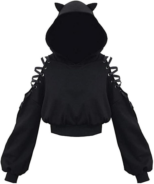 Women's Y2K Long Sleeve Cat Ear Crop Top with Gothic Cold Shoulder and Lace-Up Accents