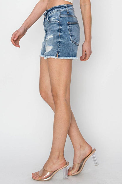 RISEN Distressed Denim Shorts Featuring Stepped Waist Design
