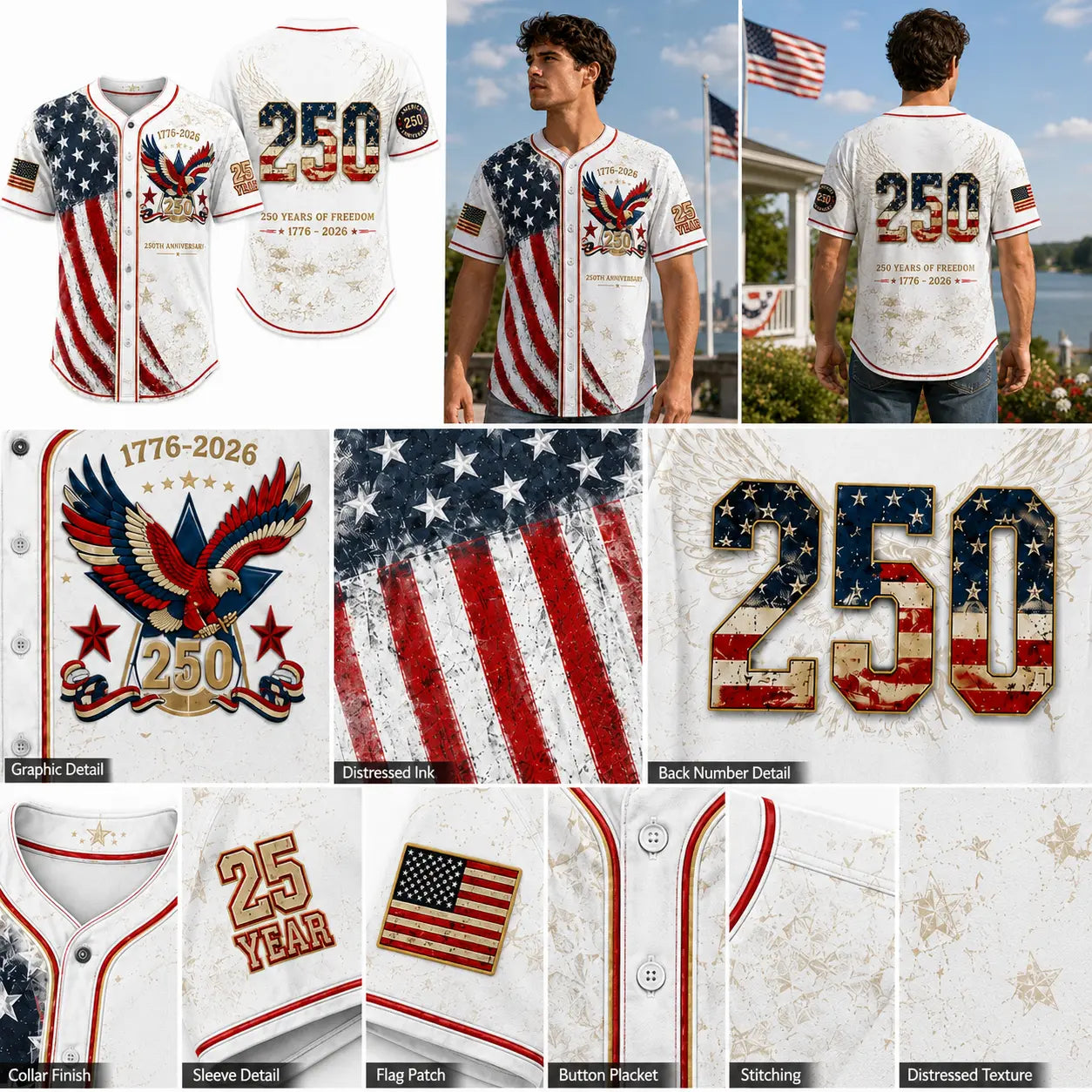 Unisex Vintage 250th Anniversary Patriotic Baseball Jersey Featuring Distressed American Flag Eagle Graphic for 4th of July Celebrations (1776-2026)