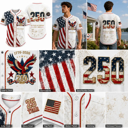 Unisex Vintage 250th Anniversary Patriotic Baseball Jersey Featuring Distressed American Flag Eagle Graphic for 4th of July Celebrations (1776-2026)