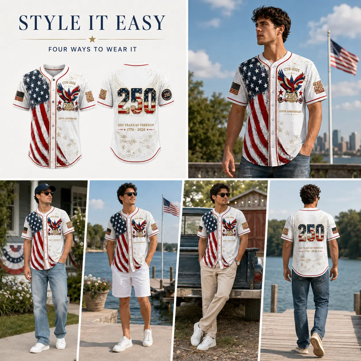 Unisex Vintage 250th Anniversary Patriotic Baseball Jersey Featuring Distressed American Flag Eagle Graphic for 4th of July Celebrations (1776-2026)