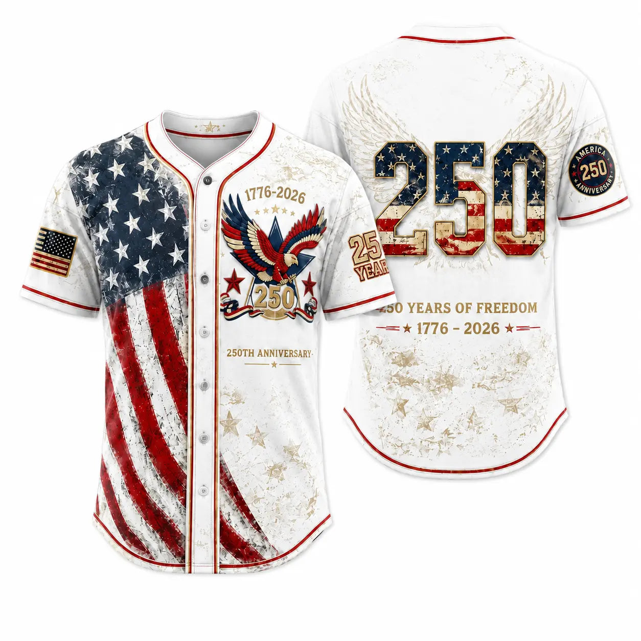 Unisex Vintage 250th Anniversary Patriotic Baseball Jersey Featuring Distressed American Flag Eagle Graphic for 4th of July Celebrations (1776-2026)