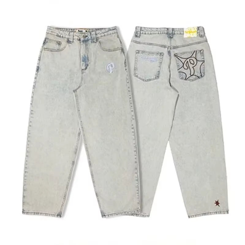 Men's Vintage High-Waisted Blue Baggy Jeans with Wide Leg and Harajuku-Inspired Embroidery