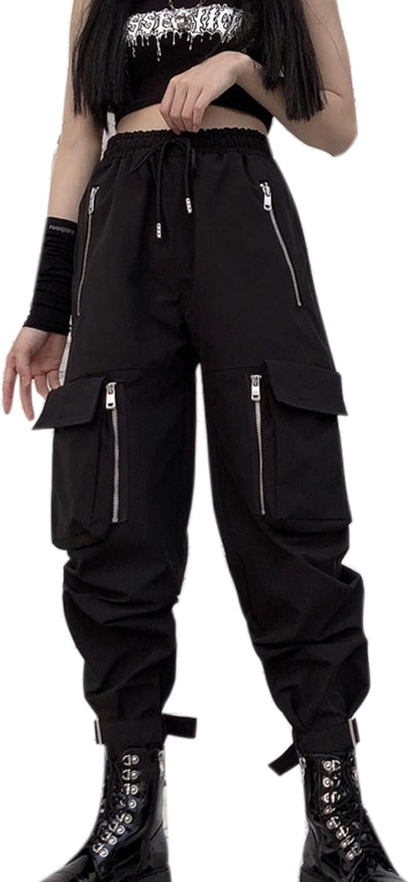 Black Cargo Pants Women Loose Chained Multi-Pocket Multi-Zip Punk Goth Pants
