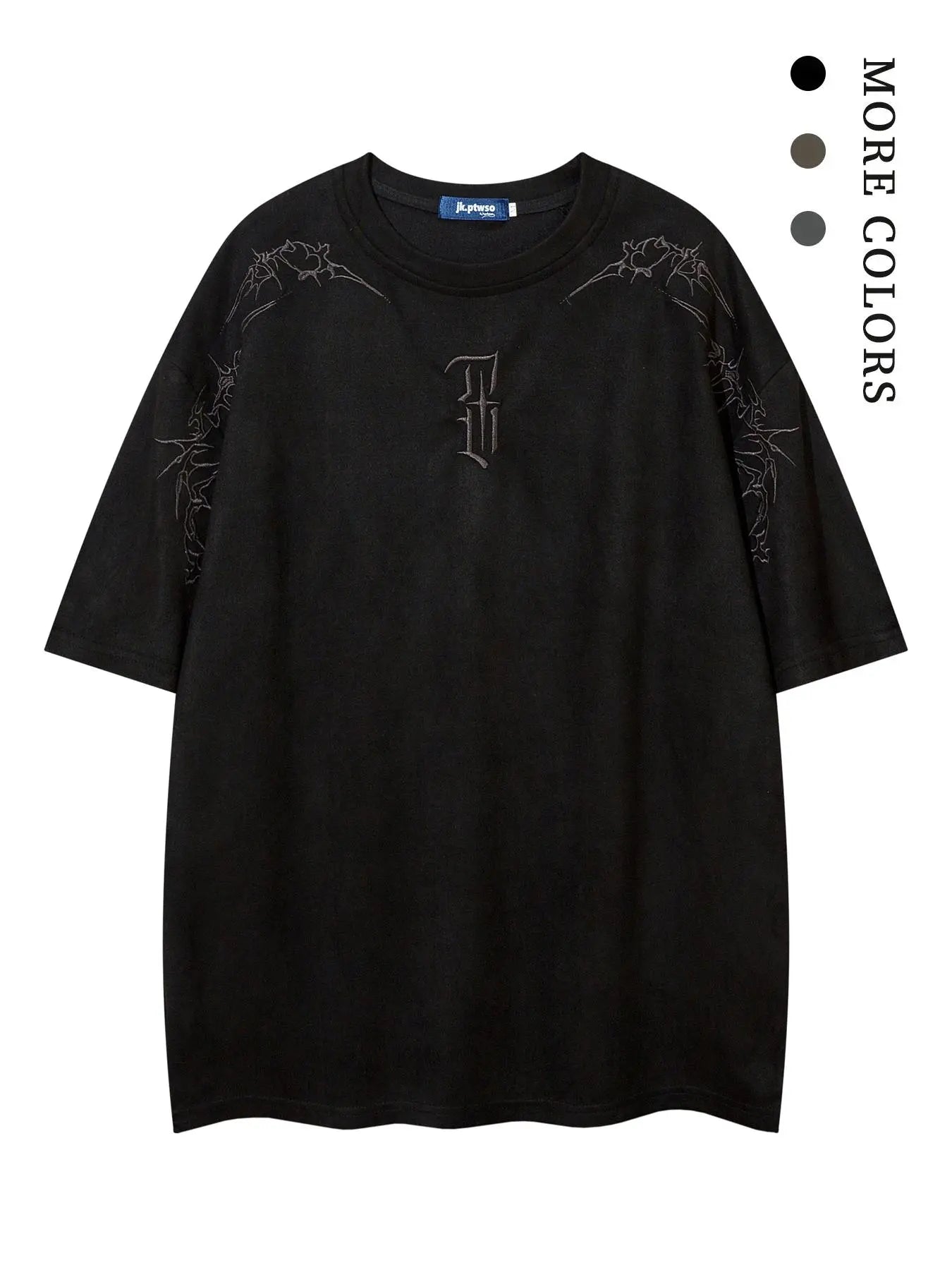 Men's Embroidered Suede Drop Shoulder T-Shirt - Soft and Comfortable Half Sleeve Round Neck Tee for Summer Streetwear and Everyday Use