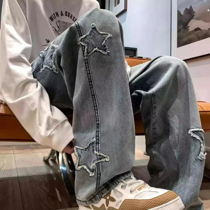Star Embroidered Wide Leg Casual Jeans for Men - Gothic Inspired Hip-Hop Fashion Streetwear Denim Trousers Y2K