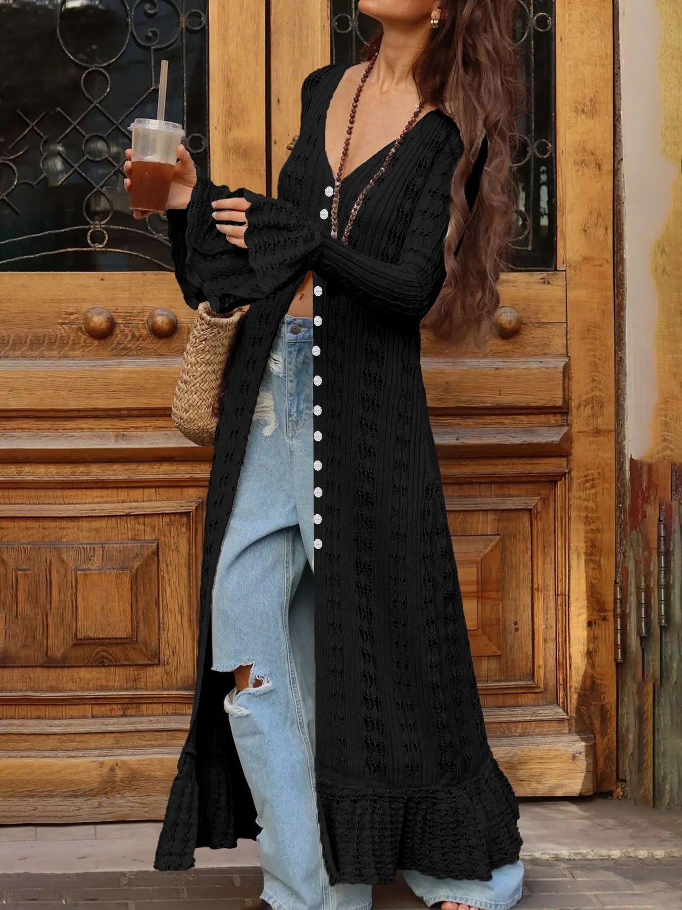 Women's Elegant Lightweight Hollow Out Cardigan with Button Front and Flounce Sleeves for Summer and Daily Wear