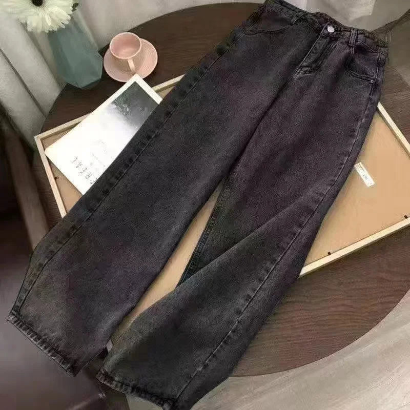 Men's Vintage High-Waisted Blue Baggy Jeans with Wide Leg and Harajuku-Inspired Embroidery