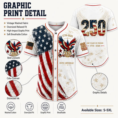 Unisex Vintage 250th Anniversary Patriotic Baseball Jersey Featuring Distressed American Flag Eagle Graphic for 4th of July Celebrations (1776-2026)