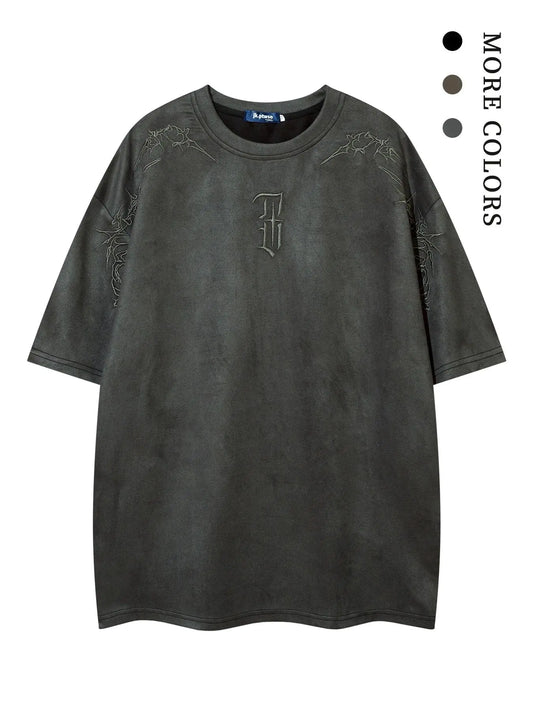 Men's Embroidered Suede Drop Shoulder T-Shirt - Soft and Comfortable Half Sleeve Round Neck Tee for Summer Streetwear and Everyday Use