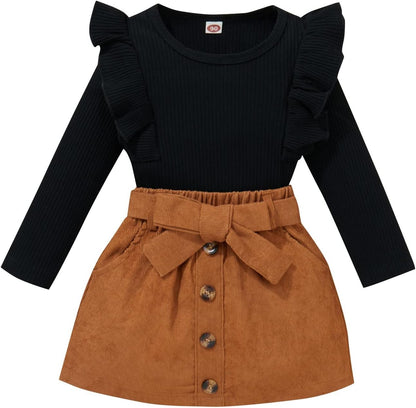 Toddler Girls' Fall and Winter Turtleneck Knit Pullover and Plaid Button Mini Skirt Set
