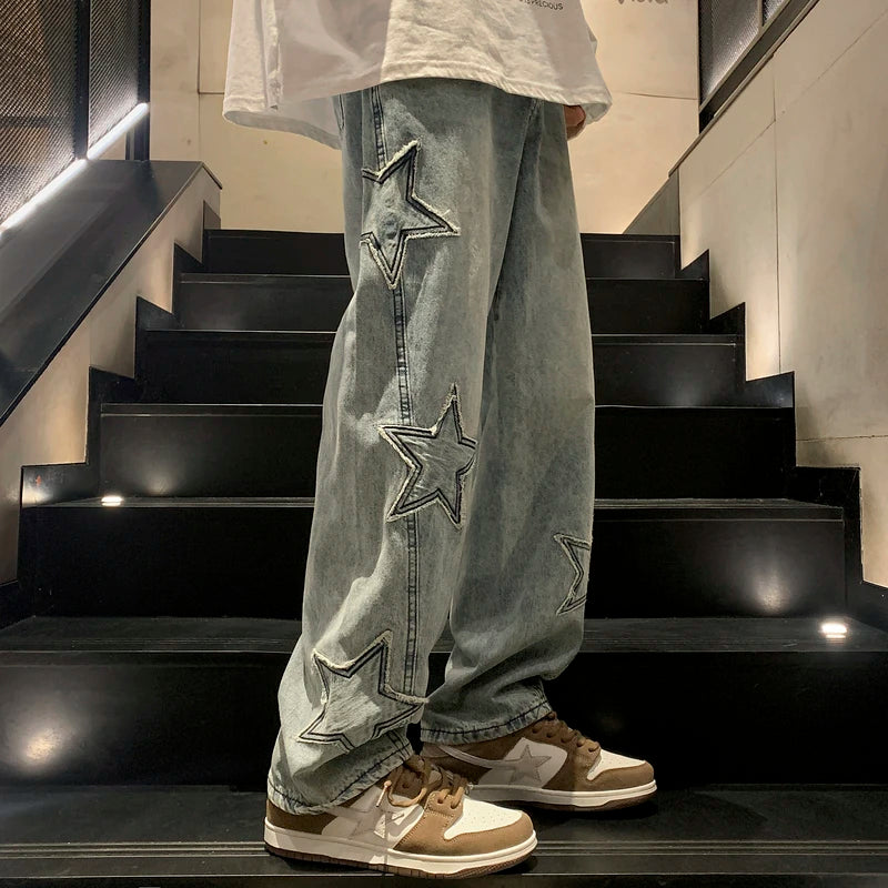Star Embroidered Wide Leg Casual Jeans for Men - Gothic Inspired Hip-Hop Fashion Streetwear Denim Trousers Y2K