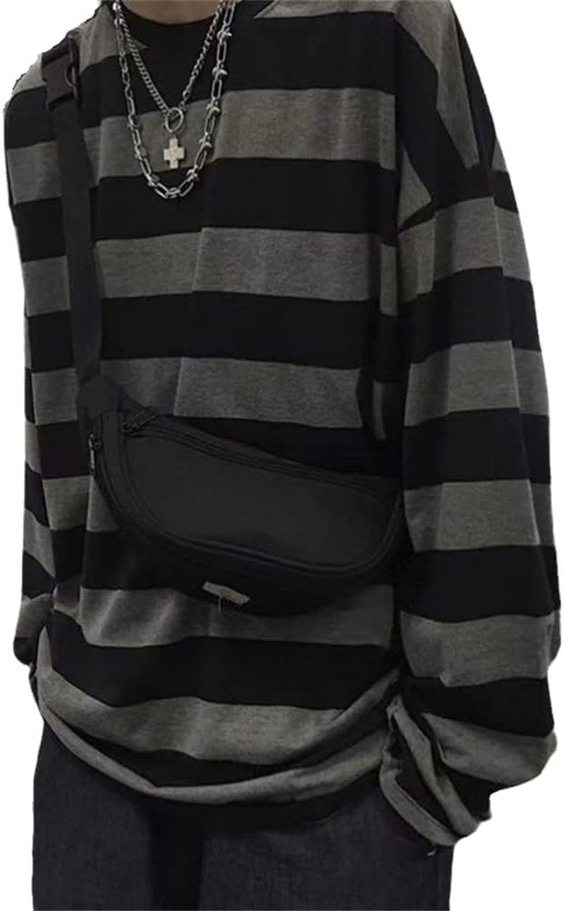 Men'S round Neck Striped Long Sleeve T-Shirt Emo Punk American Harajuku Street Loose Bottoming Shirt Couple Outfit