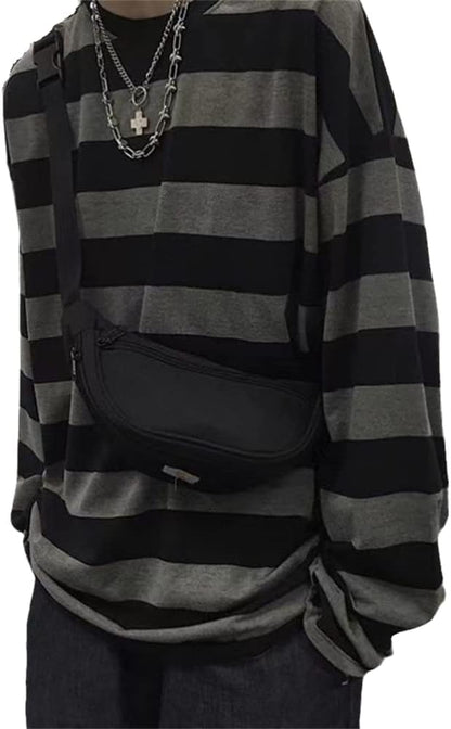 Men'S round Neck Striped Long Sleeve T-Shirt Emo Punk American Harajuku Street Loose Bottoming Shirt Couple Outfit