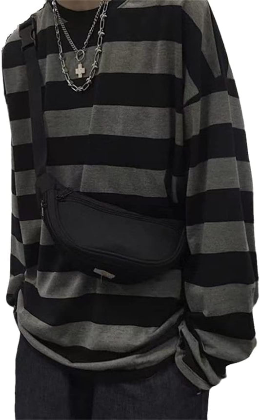 Men'S round Neck Striped Long Sleeve T-Shirt Emo Punk American Harajuku Street Loose Bottoming Shirt Couple Outfit