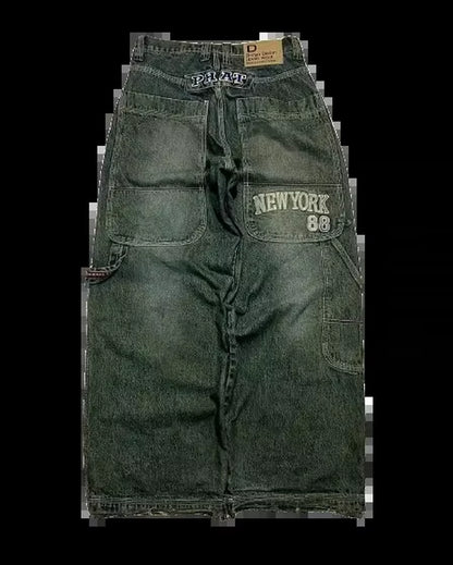 Men's Vintage High-Waisted Blue Baggy Jeans with Wide Leg and Harajuku-Inspired Embroidery
