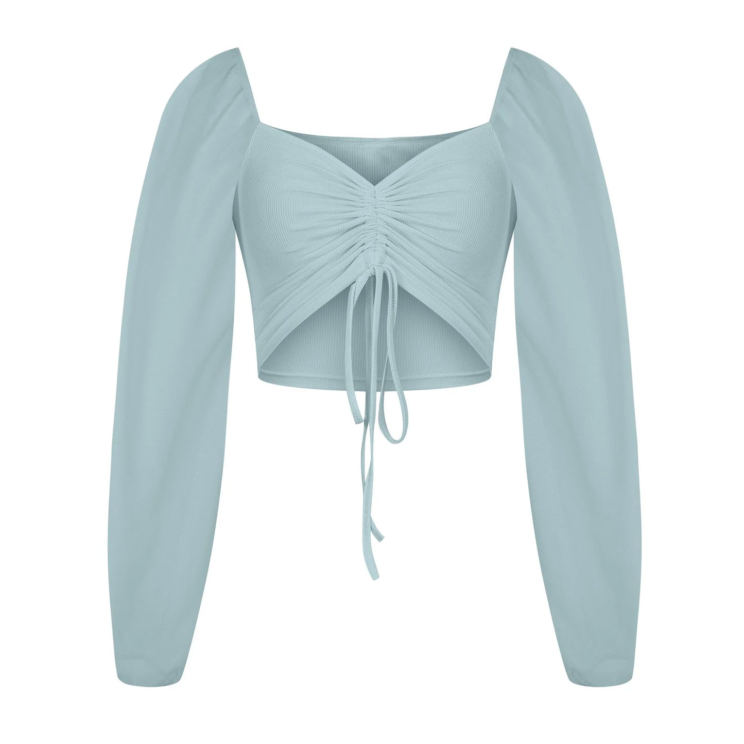 Crop Tops for Women Mesh Long Sleeve Ruched Drawstring Shirts Tops V Neck Ribbed Solid Color Cropped Top Blouses