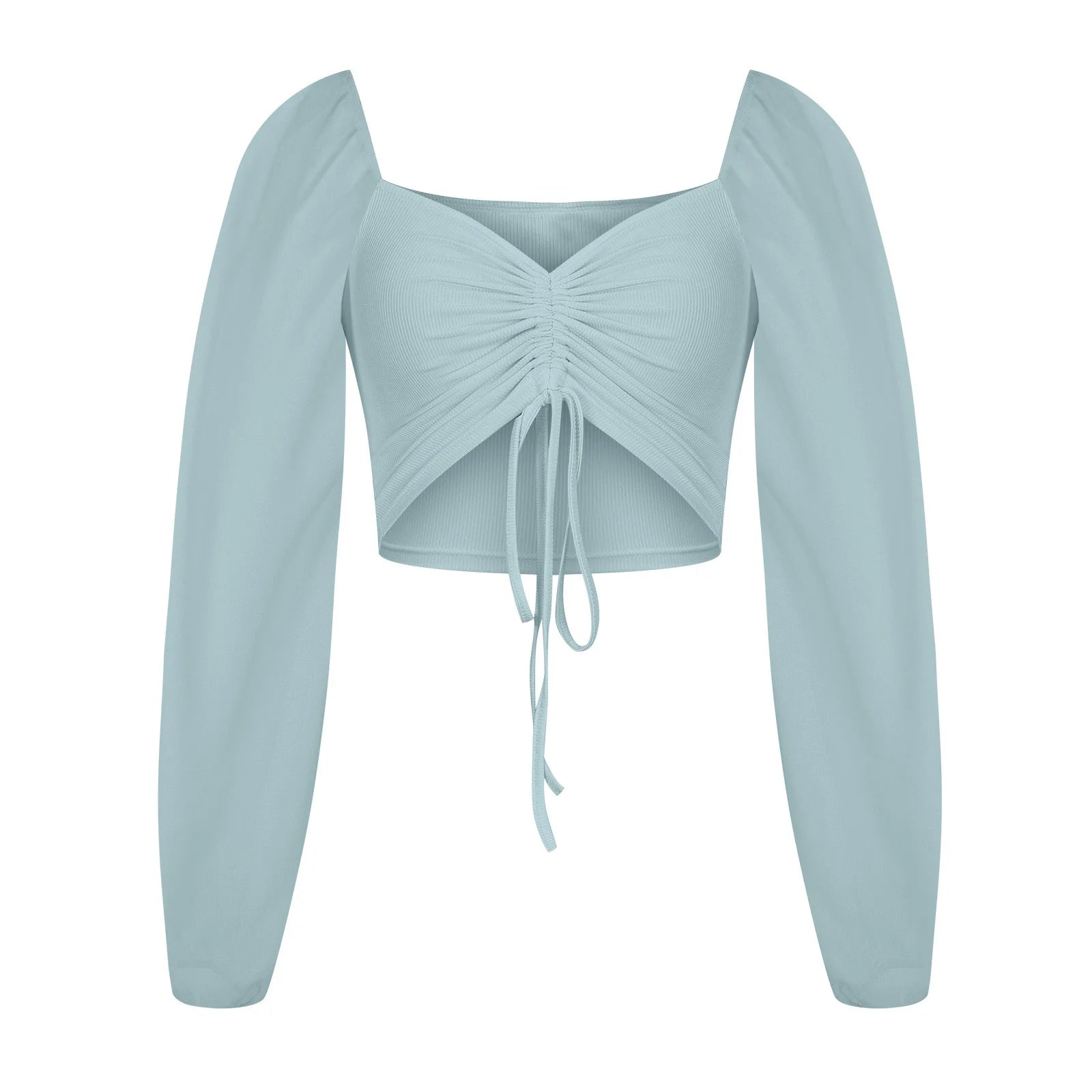 Crop Tops for Women Mesh Long Sleeve Ruched Drawstring Shirts Tops V Neck Ribbed Solid Color Cropped Top Blouses