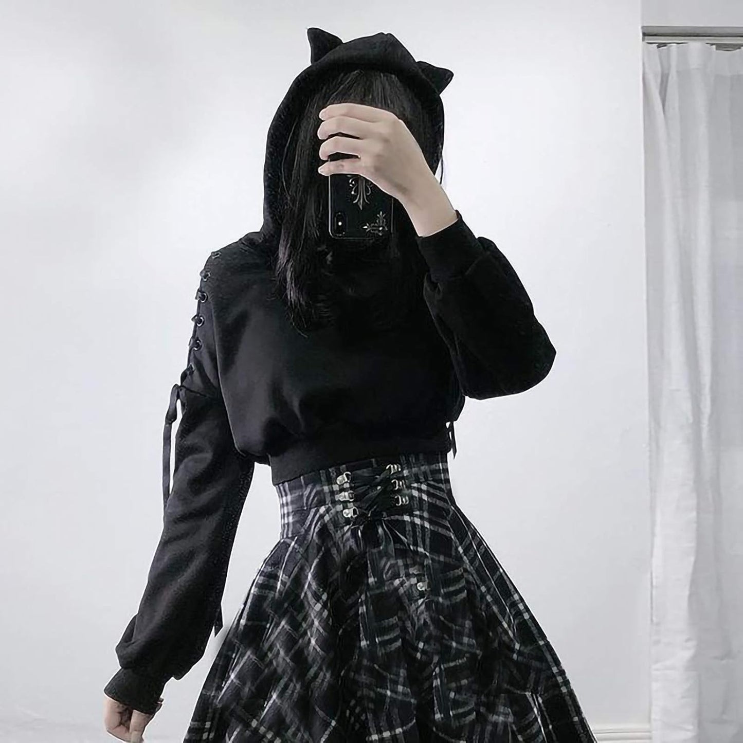 Women's Y2K Long Sleeve Cat Ear Crop Top with Gothic Cold Shoulder and Lace-Up Accents