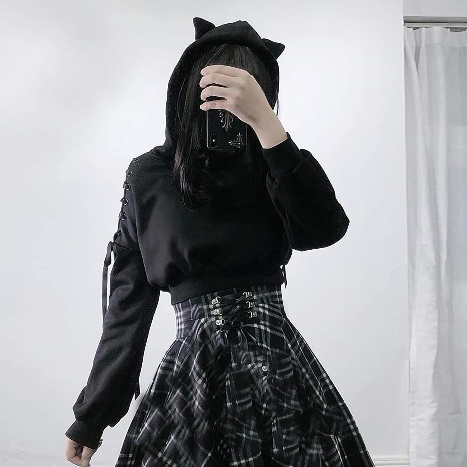 Women's Y2K Long Sleeve Cat Ear Crop Top with Gothic Cold Shoulder and Lace-Up Accents