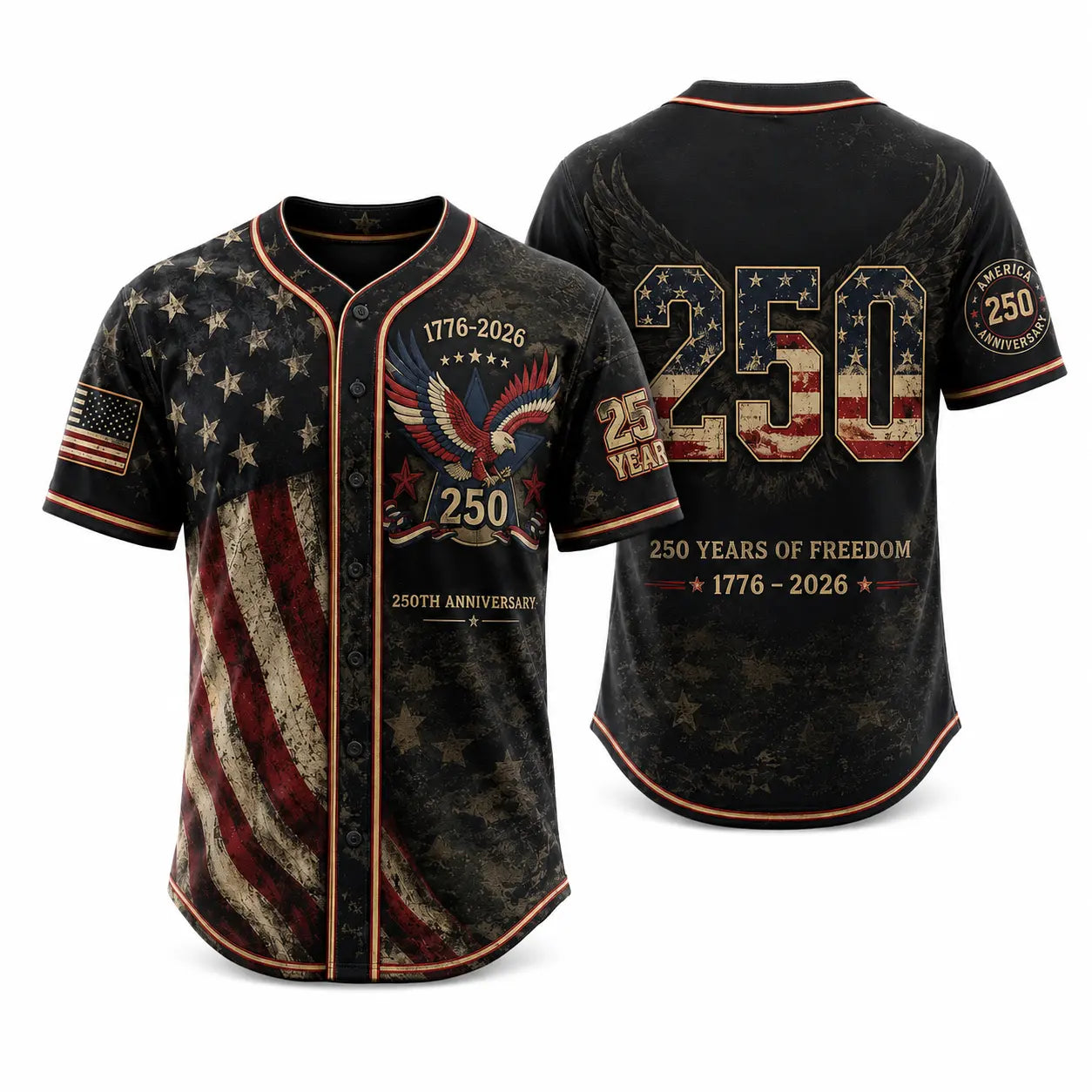 Unisex Vintage 250th Anniversary Patriotic Baseball Jersey Featuring Distressed American Flag Eagle Graphic for 4th of July Celebrations (1776-2026)
