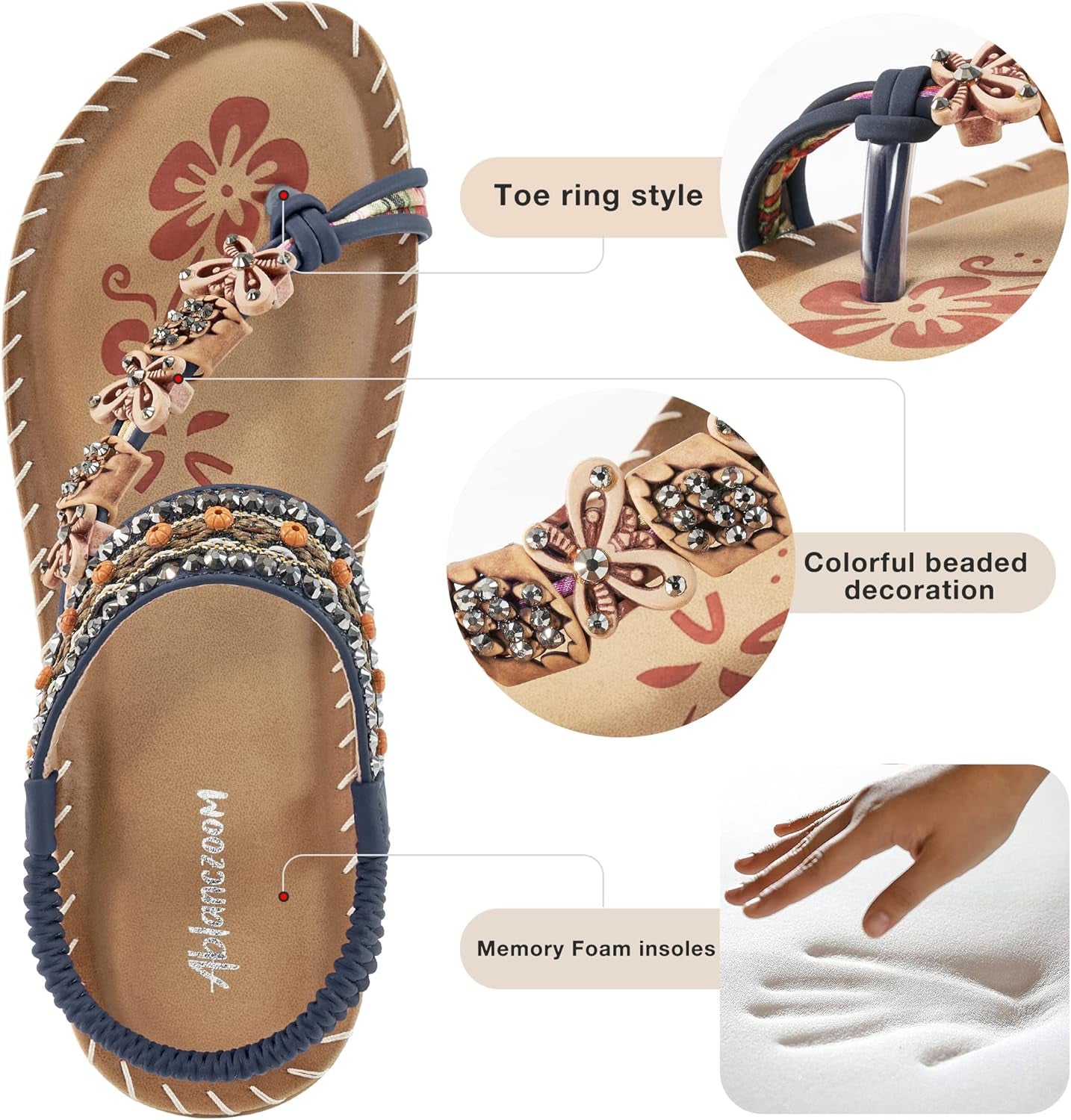 Women's Summer Flat Sandals: Casual Boho Beaded Toe Ring Dress Shoes for Comfortable Daily Wear and Vacation Walking